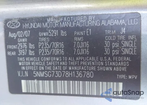 2008 Hyundai Santa Fe Gls из США, поврежденный, VIN 5NMSG73D78H136780